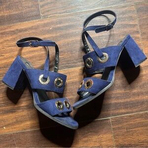 Lost Ink Blue Suede Slingback Block Heel Sandals
